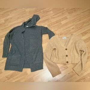 Pink Rose Charcoal Hooded Sweater and Beige Button-Up Cardigan